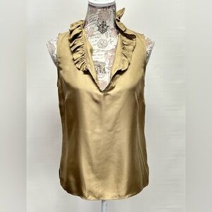 ELIZABETH MCKAY Tan ruffle collar sleeveless Silk blouse‎ size 6.